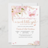 Roze bloem vlinder babyshower uitnodiging (Voorkant)
