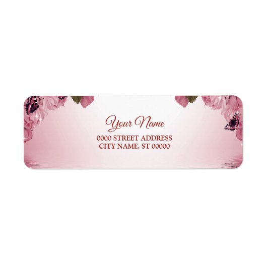 Roze bloem vlinder bruiloft retouradres etiket (Voorkant)
