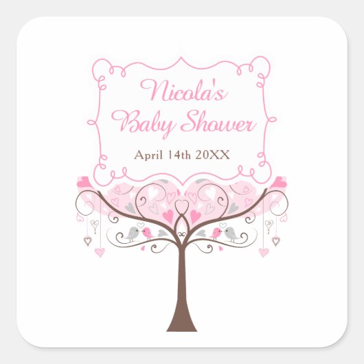 Roze bloem vogel baby shower bedankt vierkante sticker (Voorkant)