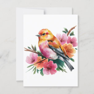 Roze Bloem Vogel Briefkaart