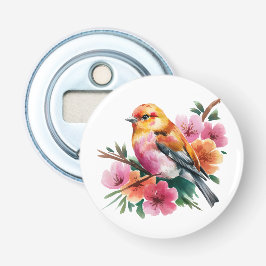Roze Bloem Vogel Button Flesopener