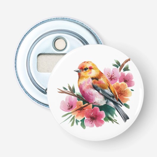 Roze Bloem Vogel Button Flesopener (Voorkant)
