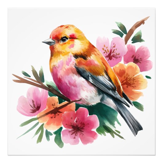 Roze Bloem Vogel Foto Afdruk (Voorkant)