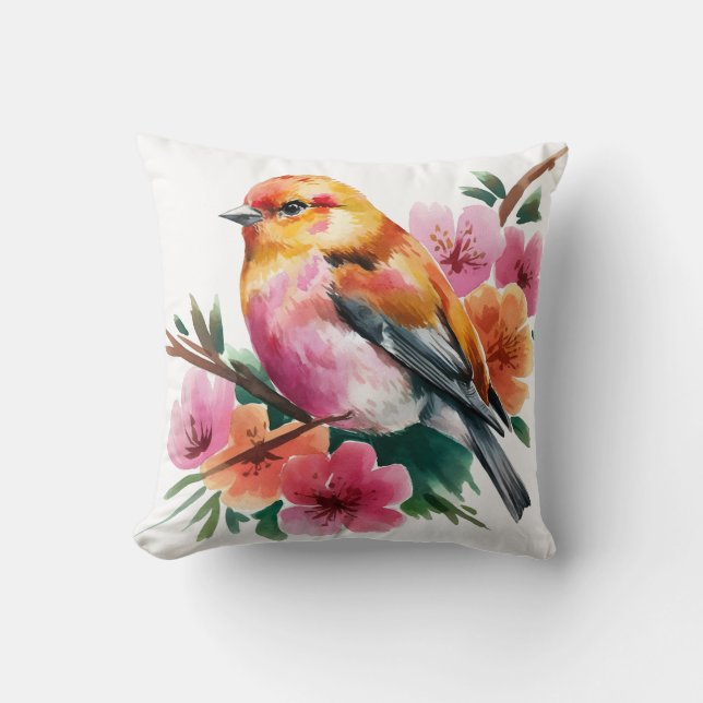 Roze Bloem Vogel Kussen (Voorkant)