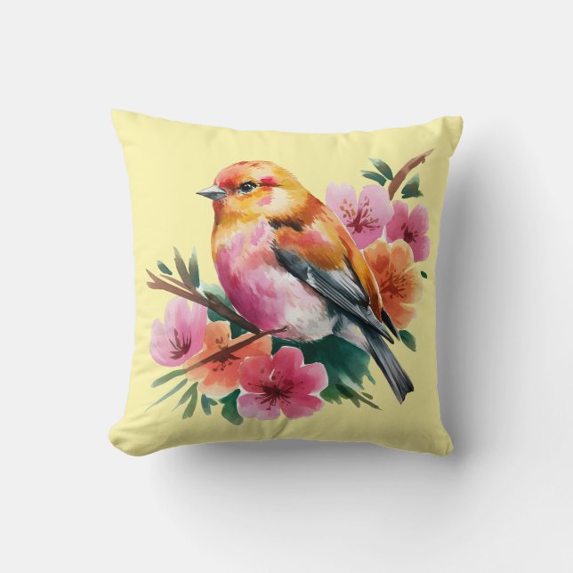 Roze Bloem Vogel Kussen (Voorkant)