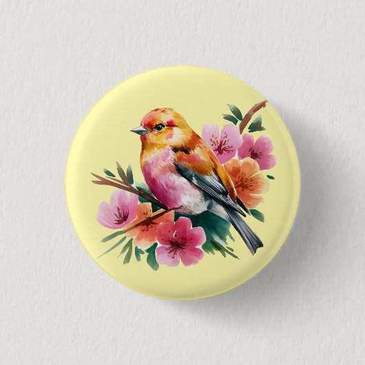 Roze Bloem Vogel Ronde Button 3,2 Cm (Voorkant)