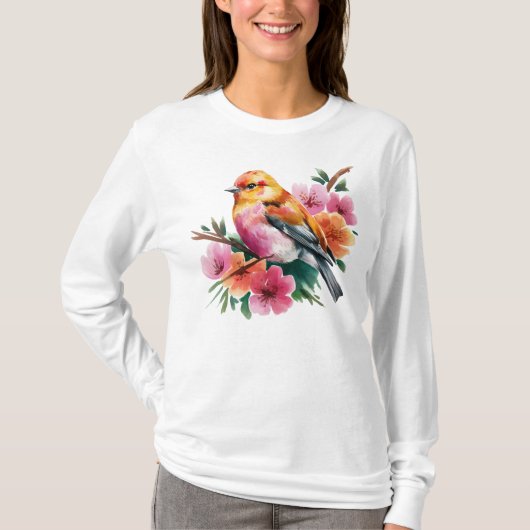 Roze Bloem Vogel T-shirt (Voorkant)