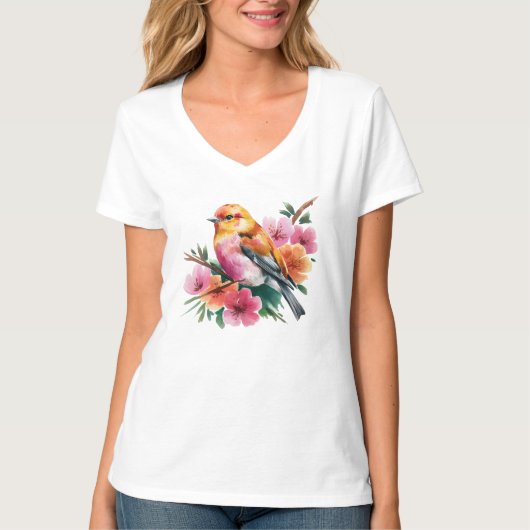 Roze Bloem Vogel T-shirt (Voorkant)