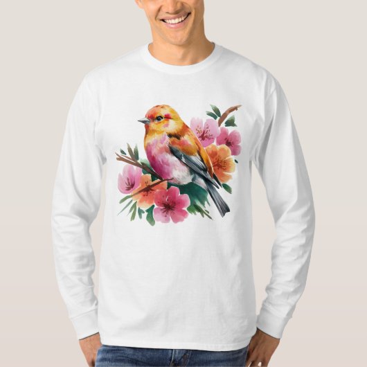 Roze Bloem Vogel T-shirt (Voorkant)