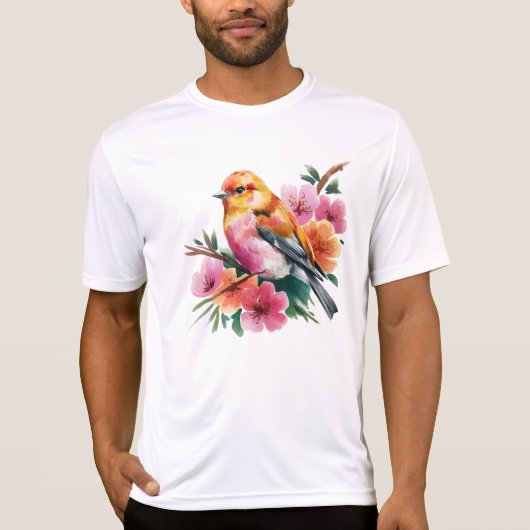 Roze Bloem Vogel T-shirt (Voorkant)
