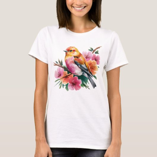 Roze Bloem Vogel T-shirt (Voorkant)