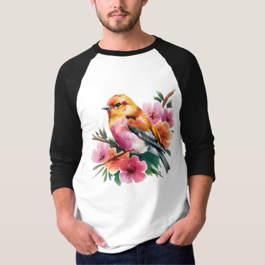 Roze Bloem Vogel T-shirt (Voorkant)