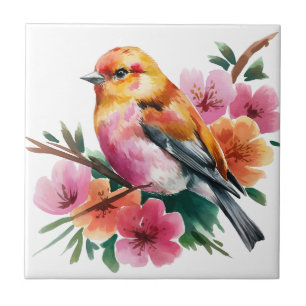 Roze Bloem Vogel Tegeltje