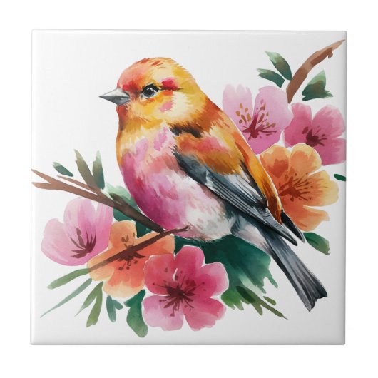 Roze Bloem Vogel Tegeltje (Voorkant)