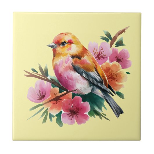 Roze Bloem Vogel Tegeltje (Voorkant)