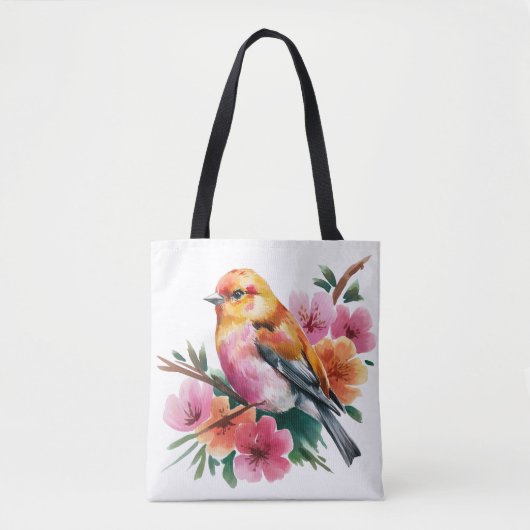 Roze Bloem Vogel Tote Bag (Voorkant)