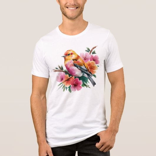Roze Bloem Vogel Tri-Blend Shirt (Voorkant)
