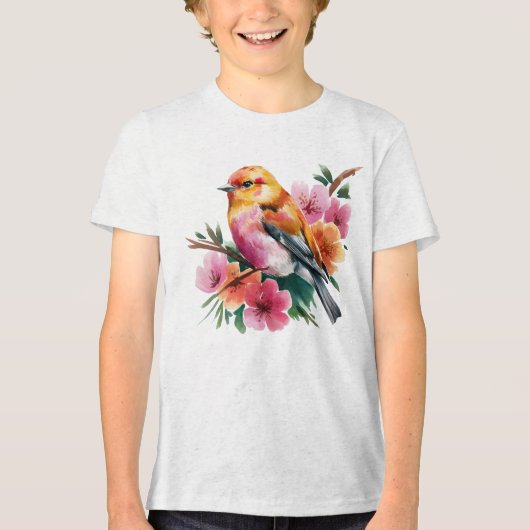 Roze Bloem Vogel Tri-Blend Shirt (Voorkant)