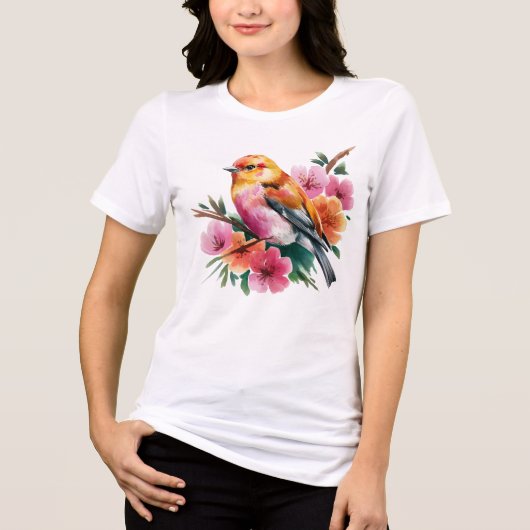 Roze Bloem Vogel Tri-Blend Shirt (Voorkant)