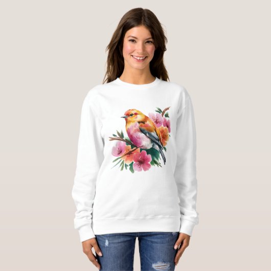 Roze Bloem Vogel Trui (Voorkant volledig)