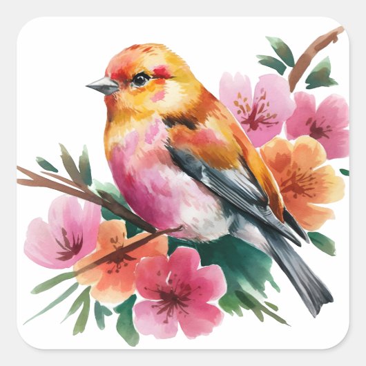 Roze Bloem Vogel Vierkante Sticker (Voorkant)
