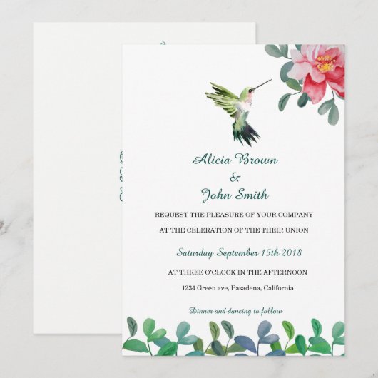 Roze bloem & Vogel Waterverf bruiloft Kaart (Voorkant / Achterkant)