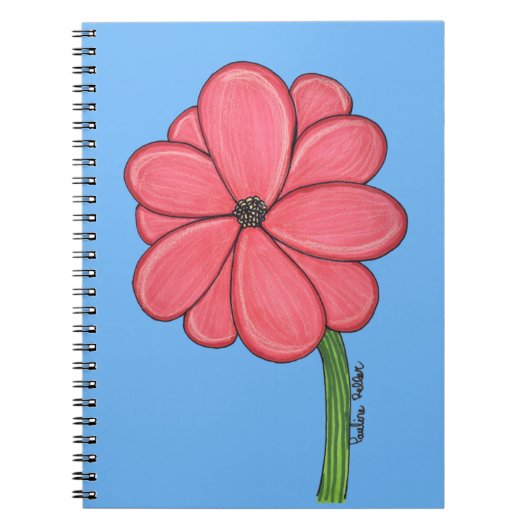 Roze bloem vol met blauwe achtergrond notitieboek (Voorkant)