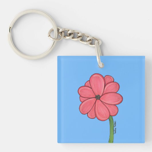 Roze bloem vol met blauwe achtergrond sleutelhanger (Voorkant)