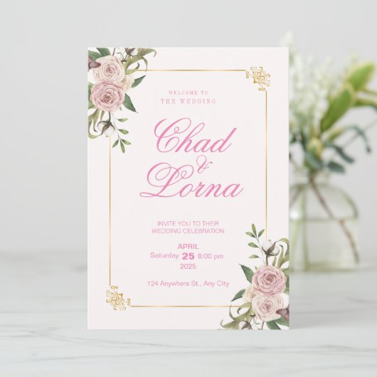 Roze Bloem Waterverf Bruiloft Uitnodiging Kaart (Staand voorkant)