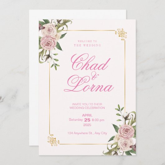 Roze Bloem Waterverf Bruiloft Uitnodiging Kaart (Voorkant / Achterkant)