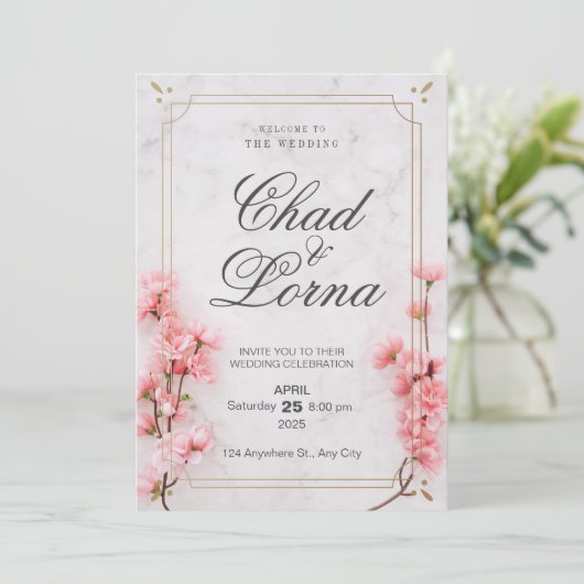 Roze Bloem Waterverf Bruiloft Uitnodiging Kaart (Staand voorkant)