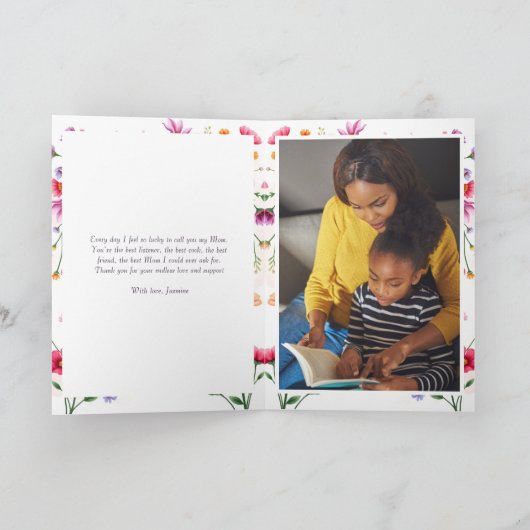 Roze Bloem Waterverf Foto Moederdag Kaart (Binnen)