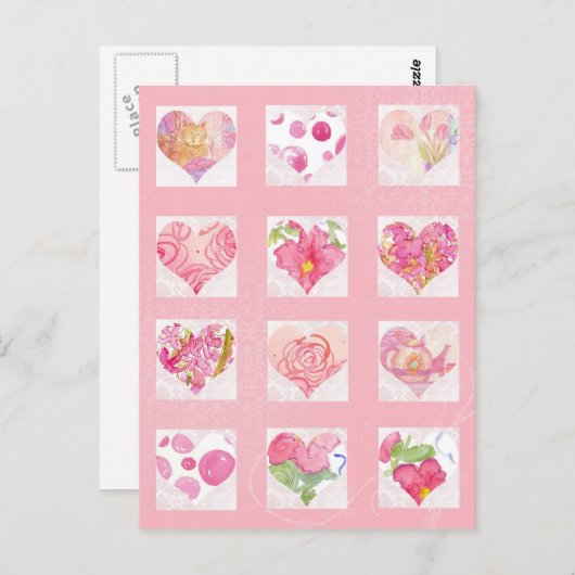 Roze Bloem Waterverf Harten Collage Rozen Cat Briefkaart (Voorkant / Achterkant)