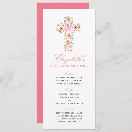 Roze Bloem Waterverf Kruis Eerste Communie Menu (Voorkant / Achterkant)