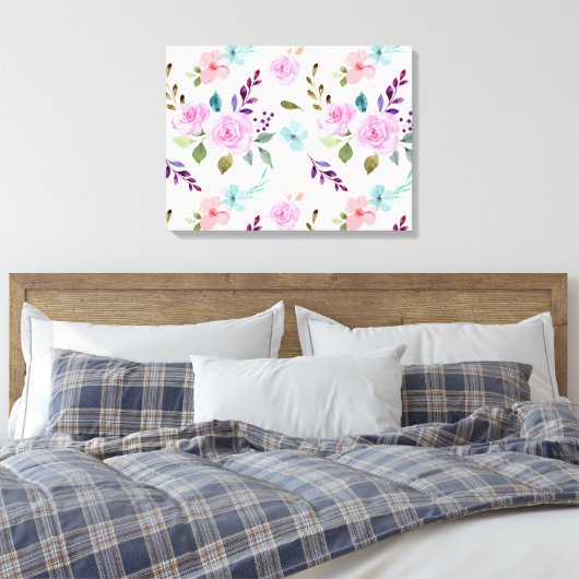 Roze bloem waterverf naadloos canvas afdruk (Insitu (Slaapkamer))