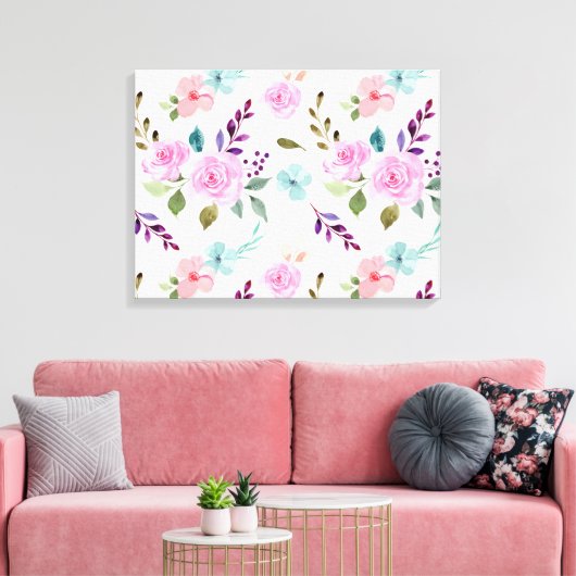 Roze bloem waterverf naadloos canvas afdruk (Insitu (Woonkamer))