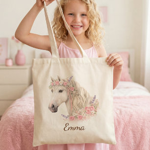 Roze bloem witte paard naam cadeau voor meisjes tote bag