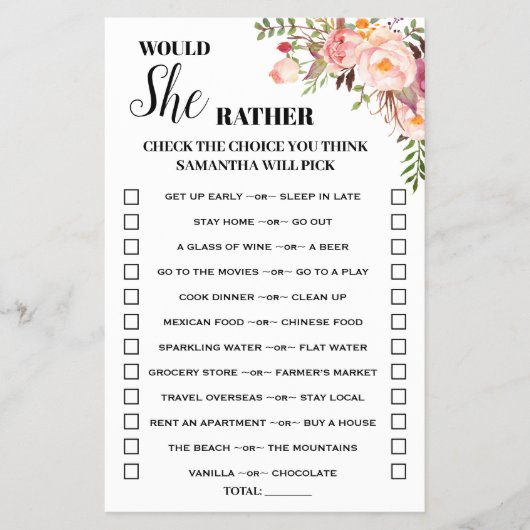 Roze bloem zou ze liever Baby shower game Kaart he (Voorkant)