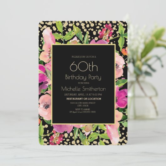 Roze bloem zwart goud glitters 60ste verjaardag kaart (Staand voorkant)