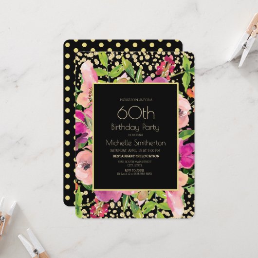 Roze bloem zwart goud glitters 60ste verjaardag kaart (Voorkant / Achterkant in situ)