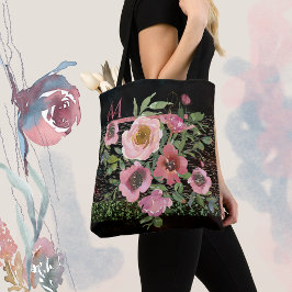 Roze Bloem Zwart Tote Bag