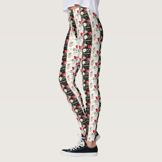 Roze bloem zwart & wit Gestreept Leggings (Links)