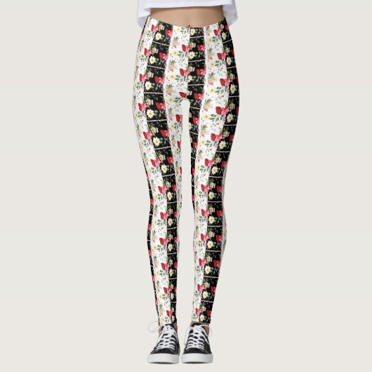 Roze bloem zwart & wit Gestreept Leggings (Voorkant)