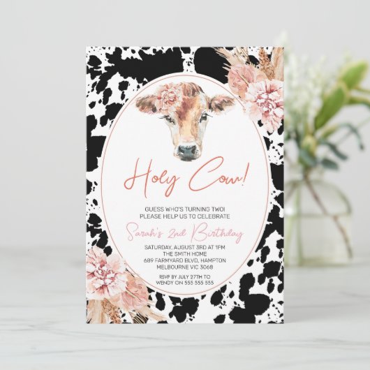 Roze Bloem Zwarte Witte Koe Print Verjaardag Kaart (Staand voorkant)