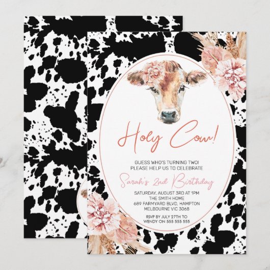 Roze Bloem Zwarte Witte Koe Print Verjaardag Kaart (Voorkant / Achterkant)