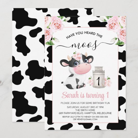 Roze bloem zwarte witte koe print verjaardag  kaart (Voorkant / Achterkant)