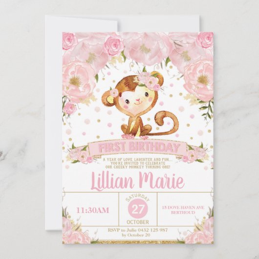 Roze Bloemaap 1e Verjaardag Uitnodiging Meisje (Voorkant)