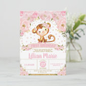 Roze Bloemaap 1e Verjaardag Uitnodiging Meisje (Staand voorkant)