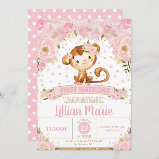 Roze Bloemaap 1e Verjaardag Uitnodiging Meisje (Voorkant / Achterkant)