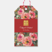 Roze bloemachtergrond dubbel geluk symbool cadeaulabel (Voorkant)